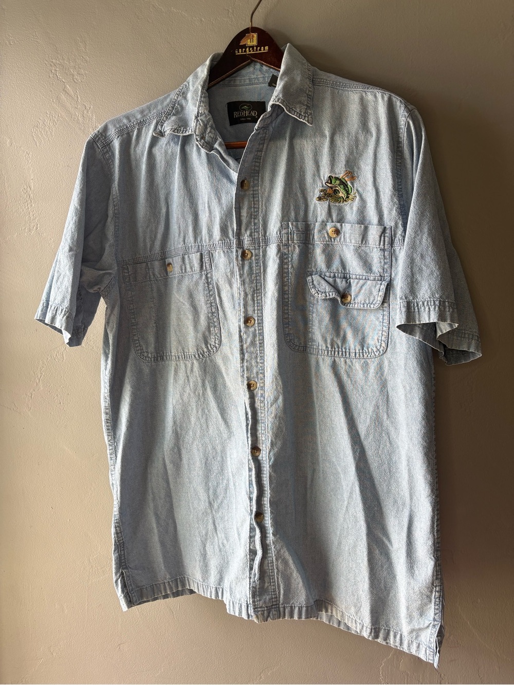 Vintage RedHead Light Blue Denim Embroidered Fish Button Up ~ Size M